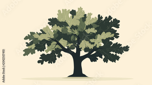 Stylized tree with dark trunk and layered green leaves on a soft beige backdrop