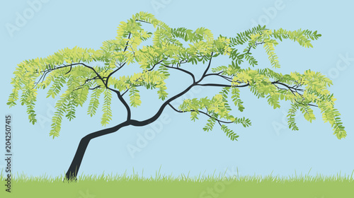 Graceful curved tree with vibrant green leaves against pale blue sky with leaves