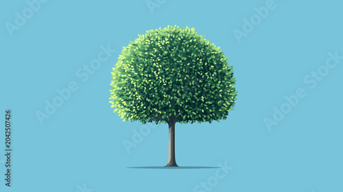 Stylized round tree with dense green foliage and slim trunk on blue background