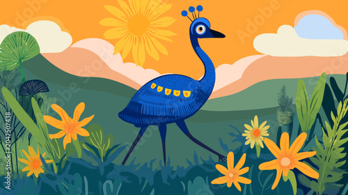Vibrant blue peacock stands in green meadow with yellow and cream flowers, sunset orange and pink mountains, fluffy clouds, and large sun