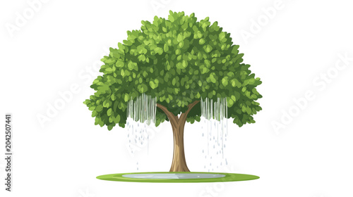Bright green leafy tree with dense crown and rain-like droplets over a pond