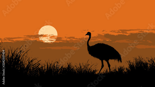 Silhouette of an ostrich in tall grasses at sunset, with a low orange sky. glow