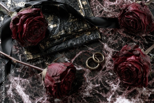 Dark romantic still life with withered red roses, ornate gold rings, and a black textured fabric.