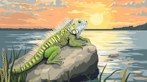 Green iguana perched on a rock by a sunset-lit lake, calm water and reeds. glows