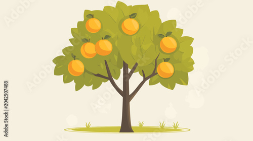 Cartoonish Fruit Tree with Eight Orbs, Lush Green Leaves, Brown Trunk, Small Yellow Nest-like Shape on Lawn Against Gradient Background