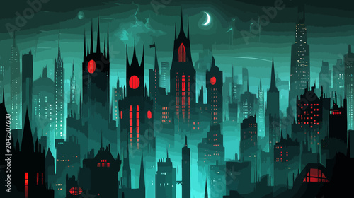 Night cityscape with teal hues, towering spires, glowing red windows under neon!