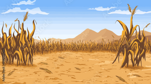 Dusty cornfield extends to distant mountains beneath a bright blue sky far away