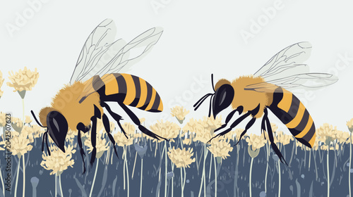 Two stylized bees hover above pale yellow flowers in a calm field near blossoms
