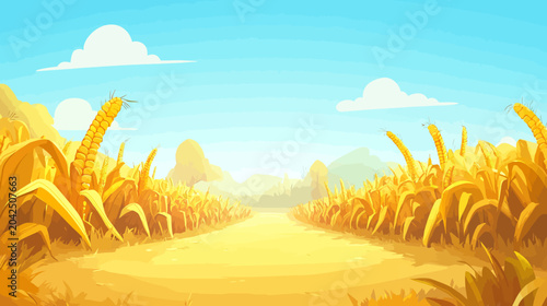 Ancient stone path through towering golden autumn cornfield under vast blue sky with fluffy clouds, distant mountains fade into hazy horizon