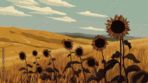 Sunflowers stand tall in a golden field, their dark centers contrasting with vibrant petals