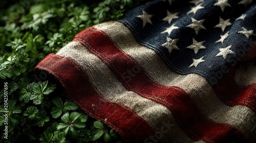 Top-down view of American flag on green grass, outdoors, Labor Day picnic setting
