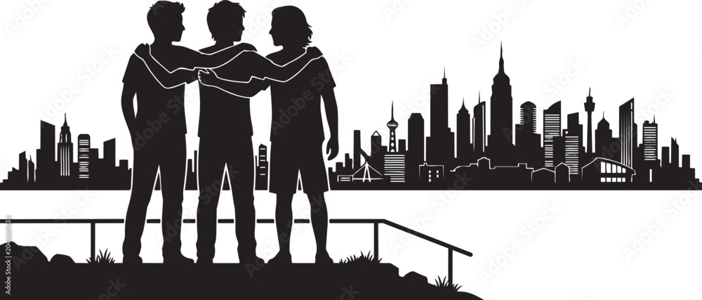 Obraz premium Three Friends With Arms Around Shoulders Looking At City Skyline Silhouette Vector Illustration