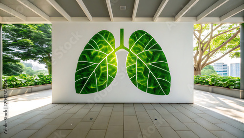 Vibrant Green Lungs Mural on Minimalist White Wall in Bright Indoor Space