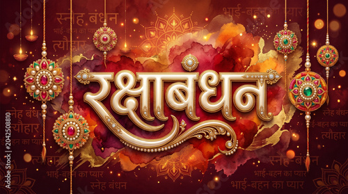 Raksha Bandhan Hindi Typography Design with Decorative Rakhis and Festive Cultural Background Artwork