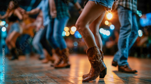 Close-up of cowboy boots during line dancing in a wooden-floored hall, lively country music and social dance scene