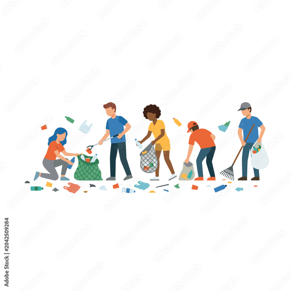 Fototapeta premium Diverse group of people cleaning up litter and trash from outdoor environment