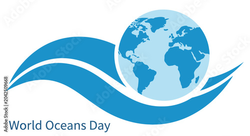 Photos World globe and wave illustration for oceans day blue and white