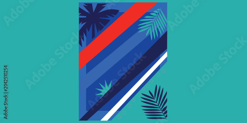 Canvastavla Abstract tropical background with palm leaves and geometric diagonal stripes