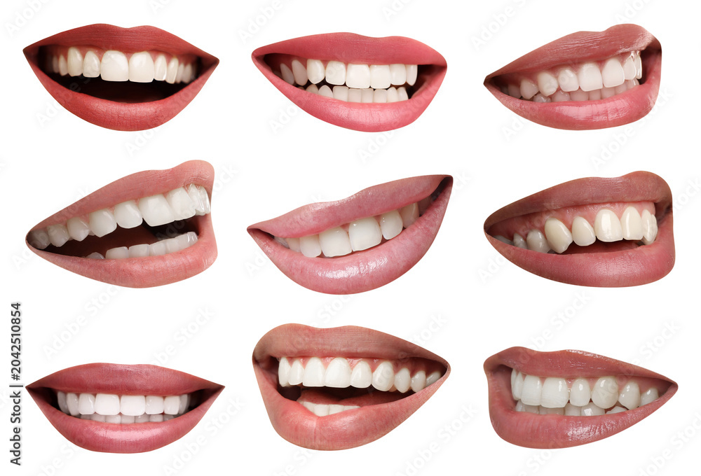 Obraz premium Dental care. Women with healthy teeth, collage of smiles on white background