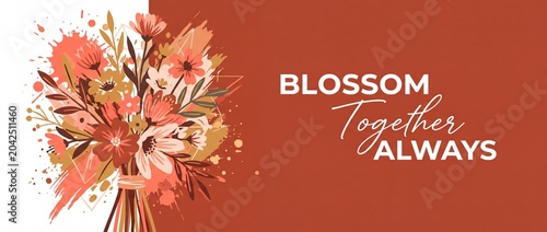 Boho floral bouquet banner illustration with blossom together always text quote on rust terracotta background for warm autumn wedding greeting card decoration and positive romantic concept art layout.