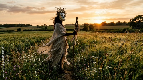 Shaman woman wearing tribal mirror mask and cloak holding wooden staff in wildflower field at sunset. Concept of pagan ritual, spiritual connection to nature and mystical heritage