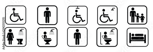 Public restroom and bathroom facility icon set including toilet, shower, accessibility wheelchair, baby care, and hospital bed pictograms
