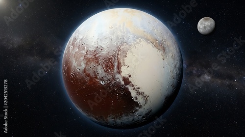 Pluto and its moon Charon against a star-filled cosmic dwarf planet