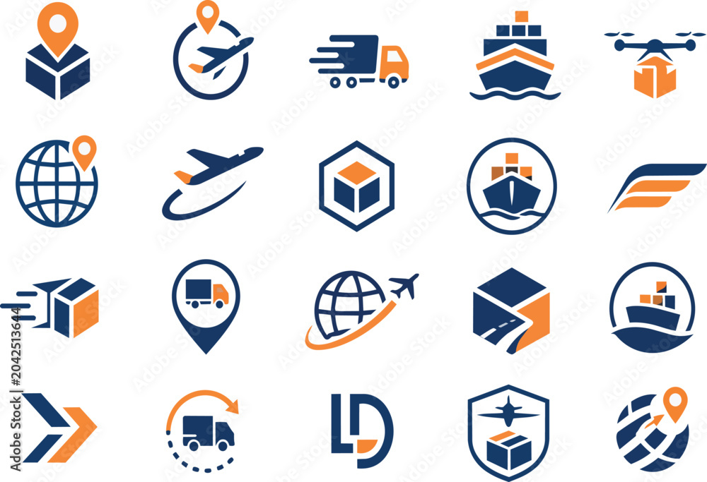 Fototapeta premium Logistics delivery shipping icons set navy blue orange vector collection truck airplane ship drone package globe location pin cargo transport branding isolated white
