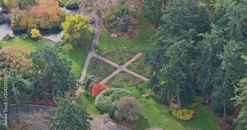 Aerial shot of Beacon Hill park in Victoria Canada BC. Wildlife trees, colorful leaves and water fountain, bridge and pond with beautiful weather walk in the city center	