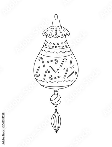 Festive bauble in cute form Christmas tree decor doodle outline hand drawn simple vector illustration for winter holidays seasonal greeting card, invitation, sticker, line art clipart