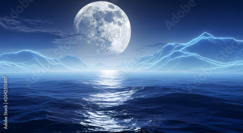 Large glowing moon hangs over a dark blue ocean with jagged electric lightning mountains rising from the calm deep water