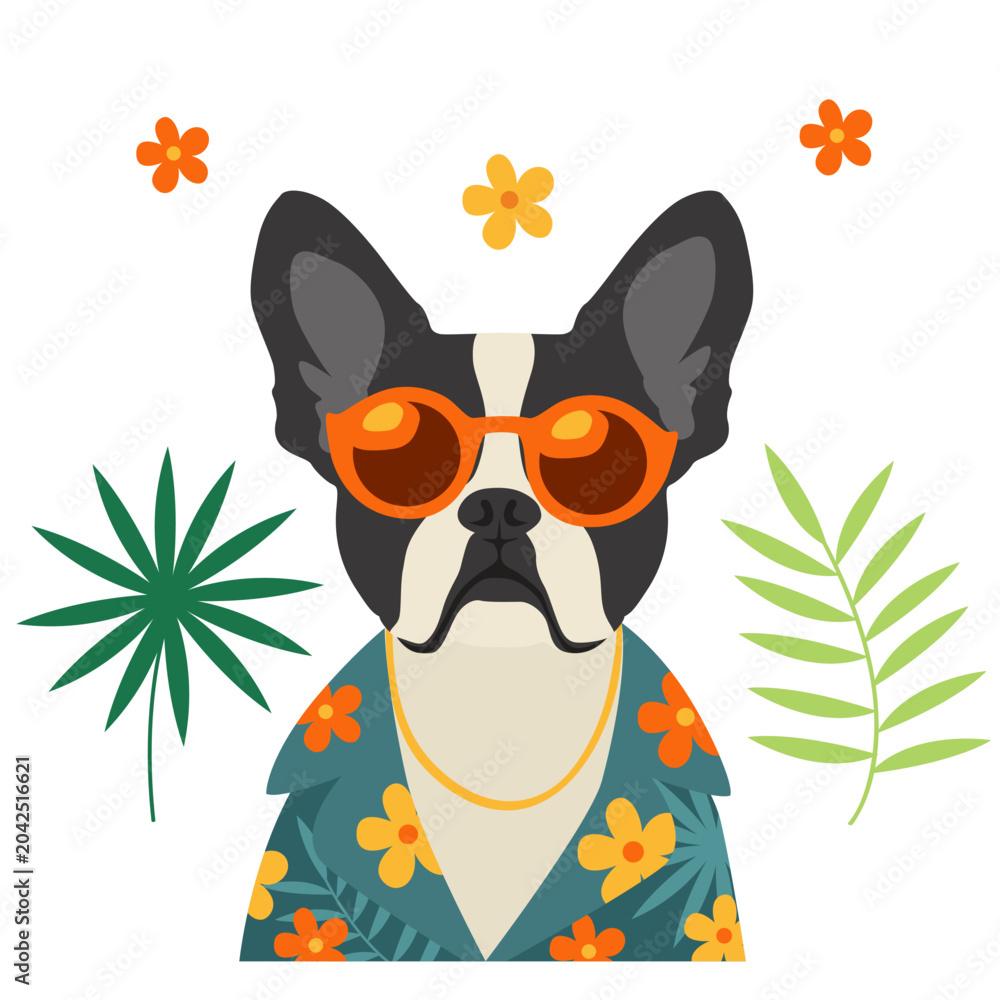Obraz premium Cute Boston Terrier Dog in Hawaiian Shirt and Sunglasses with Tropical Leaves and Flowers – Summer Vector Illustration