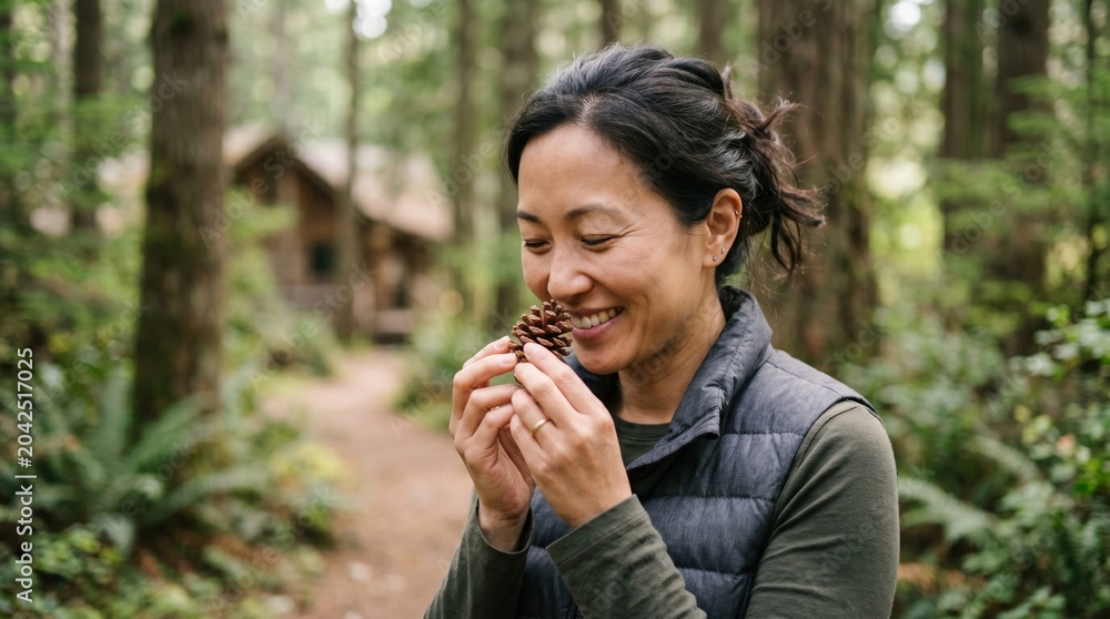 Fototapeta premium In a lush forest, a woman smiles as she holds a pine cone close to her nose, savoring its earthy scent. Sunlight filters through the trees, illuminating her joyful expression.