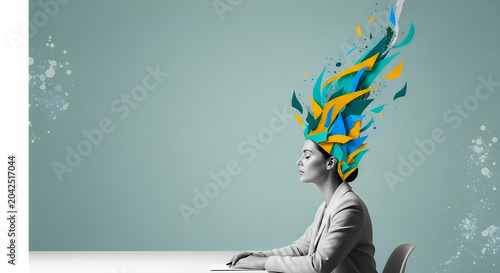 Tired woman working in the office, head full paper explosion, fast-paced life, time management, work-life balance, modern art collage, modern design, Generative AI