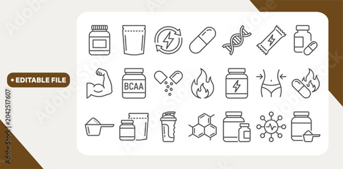 Canvastavla Sport supplements and fitness nutrition editable stroke outline icon isolated on white background flat vector illustration
