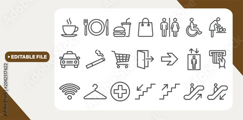 Toilet, food court, elevator, exit door and public navigation concept editable stroke outline icons set isolated on white background flat vector illustration.
