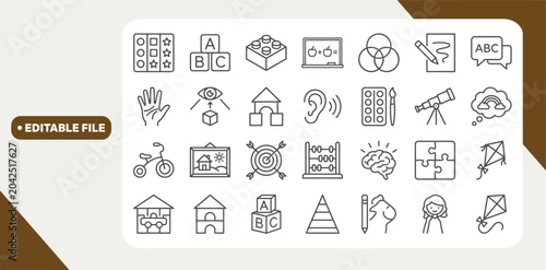 Quadro su tela Preschool abilities and child development related editable stroke outline icons set isolated on white background flat vector illustration