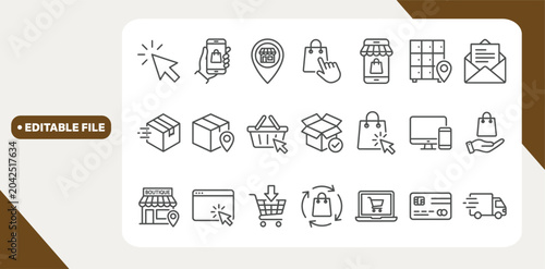 Click and collect online shopping editable stroke outline icons set isolated on white background flat vector illustration.