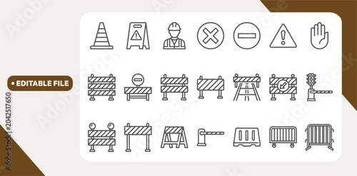 Tableau sur toile Road block and pedestrian barrier editable stroke thin linear outline icons set isolated on white background flat vector illustration