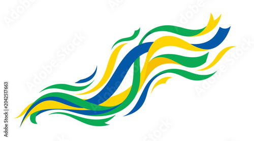 Abstract wave lines in brazil flag colors, green yellow and blue flowing ribbons