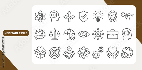 Photos Business ethics and core values editable stroke outline icons set  isolated on white background flat vector illustration