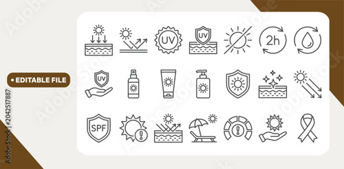 Tableau sur toile Sunscreen and uv protection concept editable stroke outline icon isolated on white background flat vector illustration
