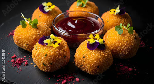 Golden crispy fried cheese balls served with vibrant red dipping sauce and decorated with colorful edible flowers on black stone