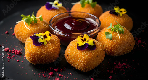 Golden fried cheese balls topped with colorful edible pansy flowers arranged around a small glass bowl of berry fruit sauce