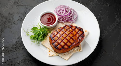 Grilled pork steak served with spicy red sauce raw onion rings and fresh green sprouts on a round white plate
