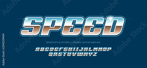 Y2k Font Type set of Bold Chrome Letetrs in Racing sport style dynamic typography in shiny metallic texture for racing sport signs and Sportswear apparel print design - editable vector template