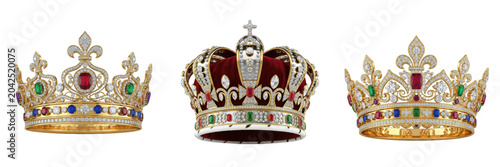 Photos Three royal crowns isolated on white background, professional 3D rendered golden