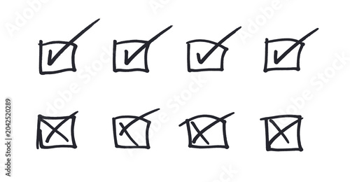 Hand-Drawn Checkboxes With Checkmarks and Crosses on Transparent Background for UI and Design