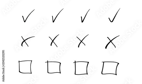 Hand-Drawn Checkmark Cross And Empty Checkbox Icons On Transparent PNG Background