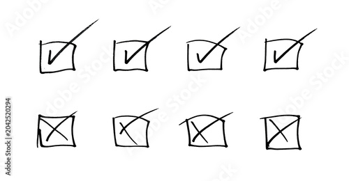 Hand-Drawn Checkboxes With Checkmarks and Crosses Over Transparent Background for Selection Concepts
